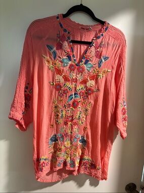 Johnny Was Coral Tunic with Multicolor Floral Embroidery